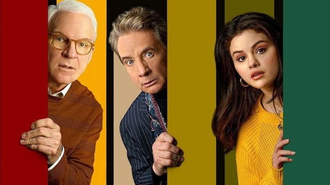 A imagem mostra um poster the "Only murders in the building". Da esquerda para direita temos Steve Martin, Martin Short e Selena Gomez