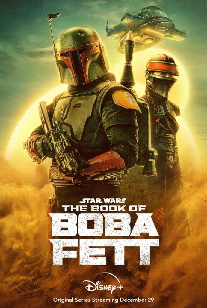 Cartaz de divulgação anunciando a estreia de The Book of Boba Fett.